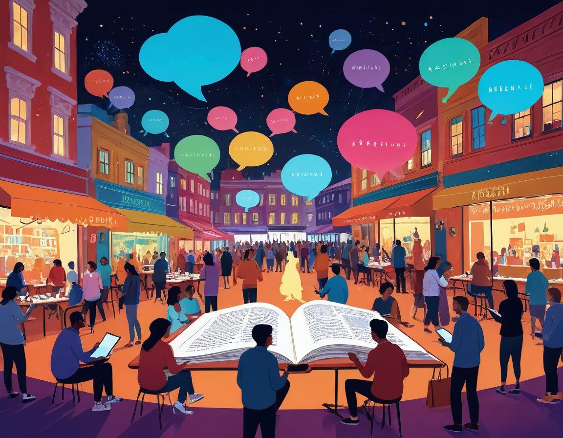 A whimsical illustration of a vibrant, bustling marketplace filled with diverse people exchanging ideas and sharing stories, with a large glowing book titled 'Kroshki' at the center, surrounded by colorful speech bubbles representing engaging content and community insights. The scene should evoke a sense of connection and curiosity, with soft lighting and lively colors. digital art. vibrant colors. lively background.