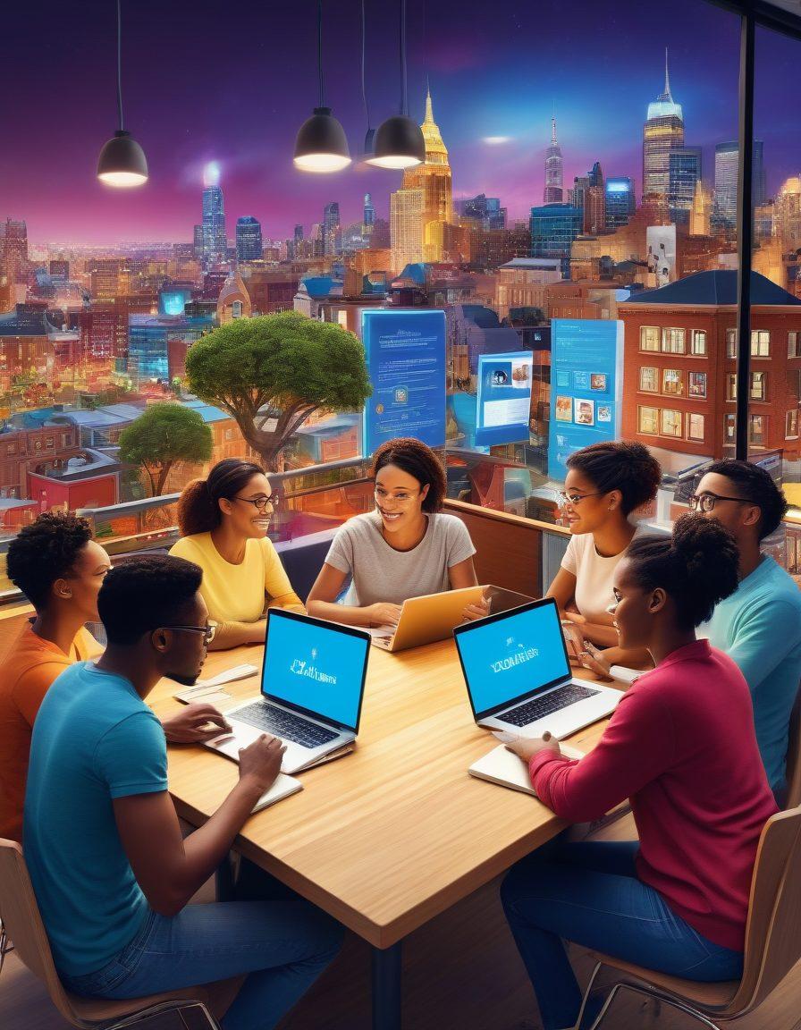 An engaging digital collage showcasing vibrant community interactions: a diverse group of people discussing various topics around a table with laptops and books, surrounded by icons representing tips, reviews, and various content types (like blogs, videos, and podcasts). The backdrop features a lively cityscape symbolizing collaboration and connection. super-realistic. vibrant colors. energetic atmosphere.