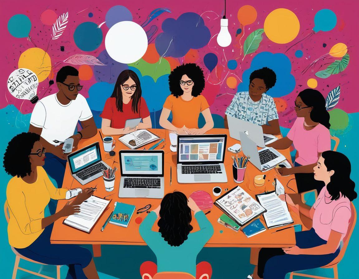 A whimsical illustration of a diverse group of bloggers sitting around a large, colorful table filled with creative tools like pens, laptops, and sketchbooks. Each person is animatedly discussing ideas, surrounded by floating lightbulbs and vibrant thought bubbles representing their creative insights. The background features a collage of various blogging themes, such as travel, food, and technology. The overall atmosphere is lively and inspirational, evoking a sense of community and creativity. colorful illustration. vibrant colors. dynamic composition.